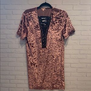 Pink rose gold crushed velvet dress with lace up v